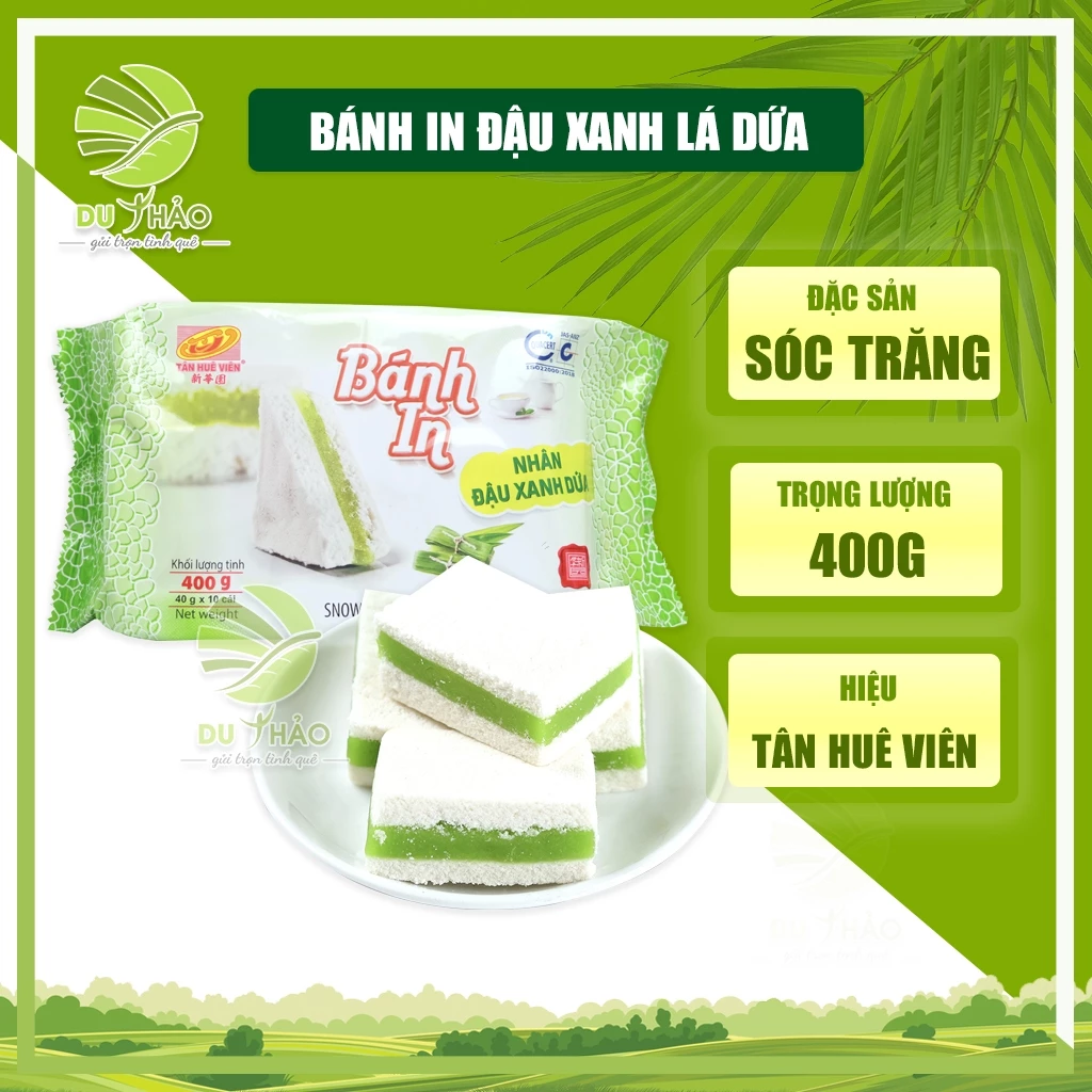 Bánh in đậu xanh lá dứa Tân Huê Viên 400g – Sóc Trăng, túi 10 bánh, bao bì riêng