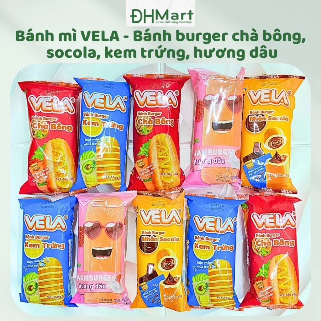 Bánh mì VELA: Bánh Humberger dâu, Burger chà bông, socola, kem trứng – 55g