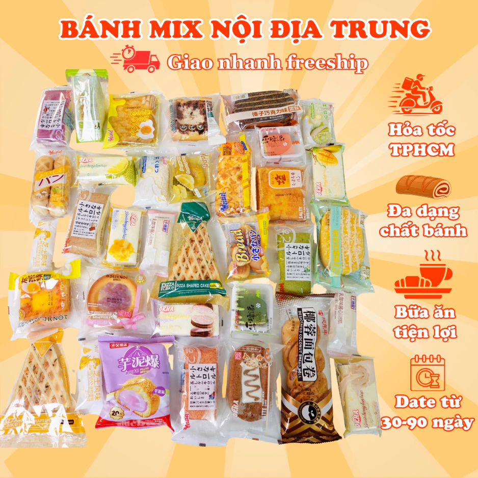 Bánh Mix Nội Địa Trung Thùng 2,3Kg – Bánh Bông Lan, Bánh Mì, Mochi Đa Dạng