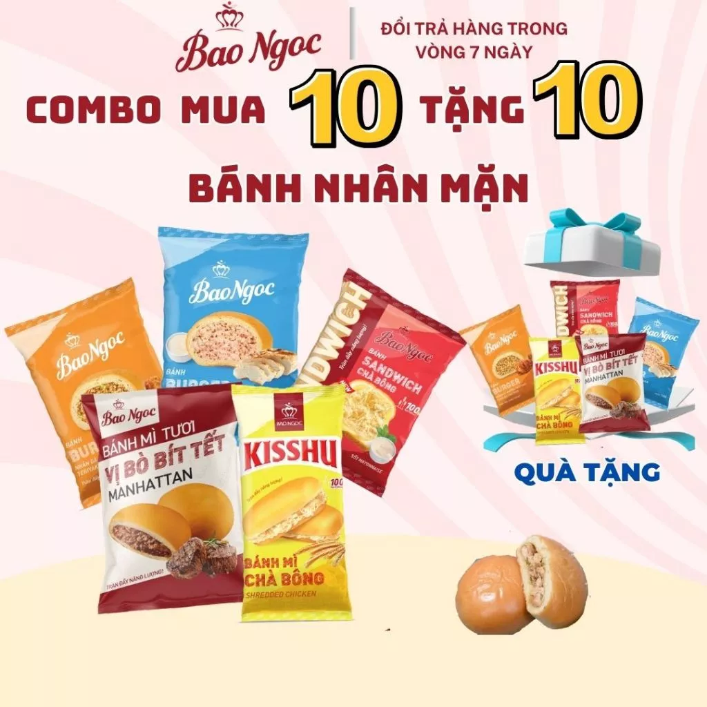 Mua 10 Bánh Mặn Tặng 10 Bánh Nhân Mặn – Bánh Mì Tươi Chà Bông, Nhân Gà, Nhân Bò